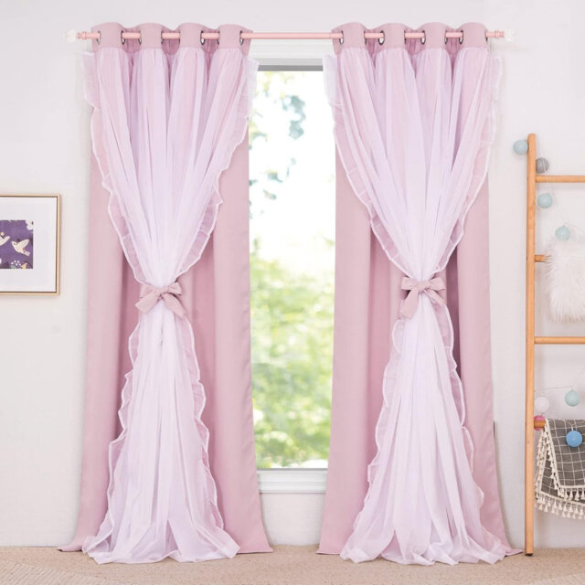 Light Pink Double Layer Curtains with Ruffle Sheer Overlay Room Darkening Drapes 52 x 84 inch, 2 PCs for Bedroom