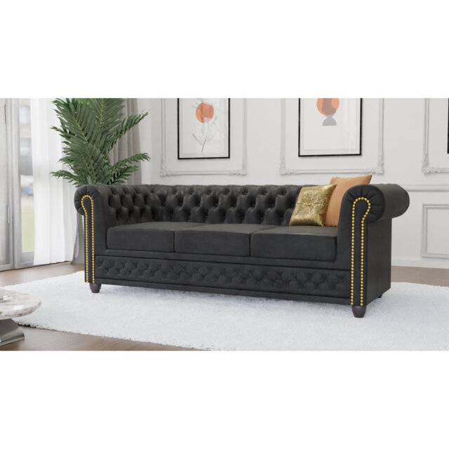 Chesterfield Friedrich 3 Seater Sofa Made of Vintage Look Microfibre with Solid Wood Legs