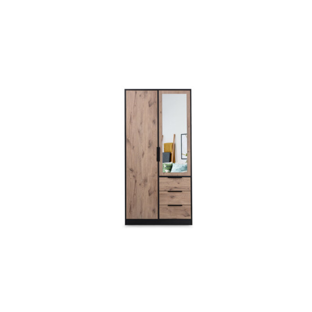 Wardrobe Bionca D2 Black and Oak Viking with Mirror - Modern Storage with Shelves, Drawers & Hanging Rail