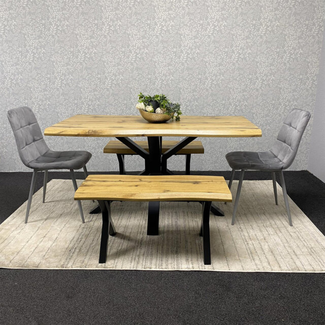 Wooden Brown Dining Table with 2 Benches and Grey Velvet Chairs Dining Room Furniture