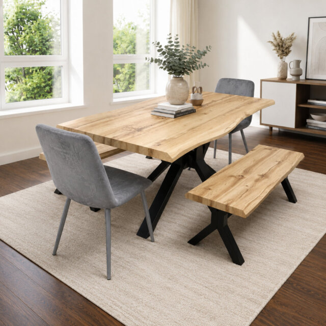 Wooden Brown Dining Table with 2 Benches and Grey Velvet Chairs Dining Room Furniture