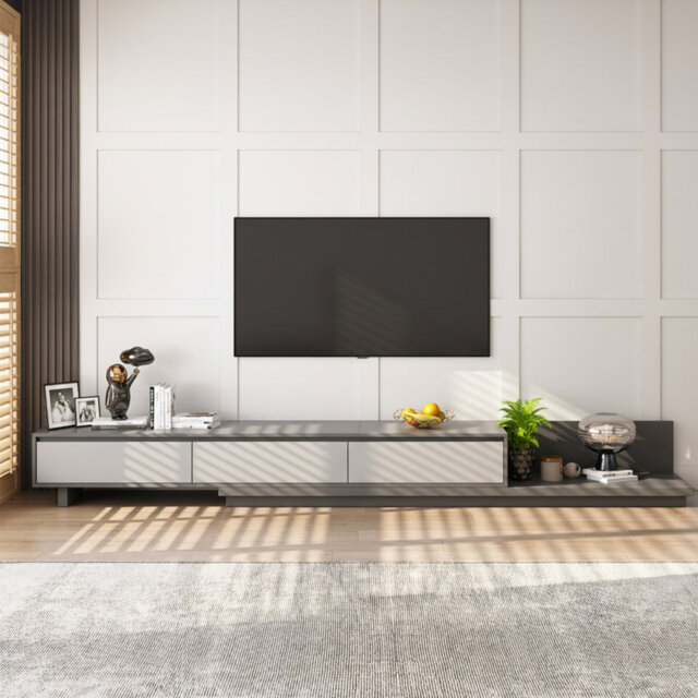 TV Cabinet with 3 Drawers - Extendable TV Stand (200-330cm) - 3 Colour Choices tv unit- Media Console for Living Room & Bedroom