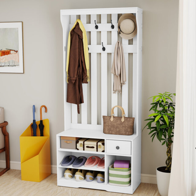 Coat Rack With Shoe Bench, 3-In-1 Hallway Furniture With 7 Hooks,80W×35D×180Hcm