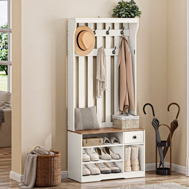 Coat Rack With Shoe Bench, 3-In-1 Hallway Furniture With 7 Hooks,80W×35D×180Hcm
