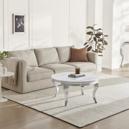 Weissport Round White Marble Glass And Metal Coffee Table - Elegant Bevelled Edge Finish