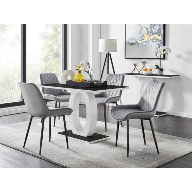 Scottsmoor High Gloss Halo Dining Table Set & 4 Luxury Velvet Dining Chairs - Modern Design