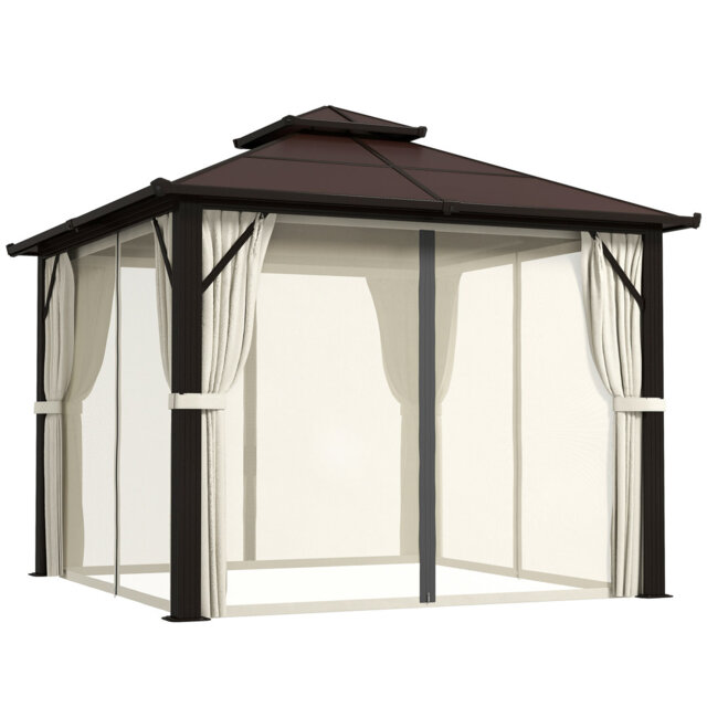 3 X 3m Beige Hardtop Gazebo, Upf30+ Double Tier Polycarbonate Roof Aluminium Frame Permanent Pavilion With Mosquito Netting And Privacy Curtains For P