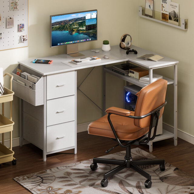 L-Shaped Computer Desk with Storage Bag & 3 Fabric Drawers, Modern Home Office Corner Desk with Storage Shelves, Space-Saving Workstation for Bedroom,