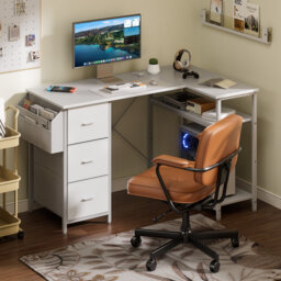 L-Shaped Computer Desk with Storage Bag & 3 Fabric Drawers, Modern Home Office Corner Desk with Storage Shelves, Space-Saving Workstation for Bedroom,