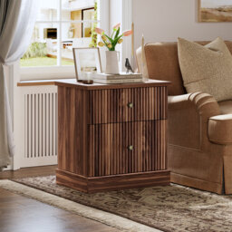 Fluted Nightstand with Drawers, Mid Century Modern Bedside Table for Living Room, Light Wood Nightstand with Storage, Space Saving Side Table with Cur
