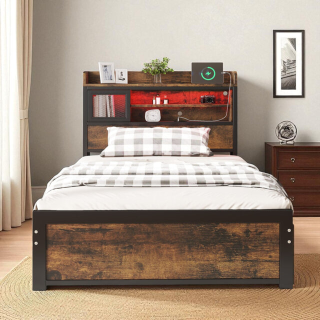 Metal Bed With Led And 2 Drawers Industrial Style