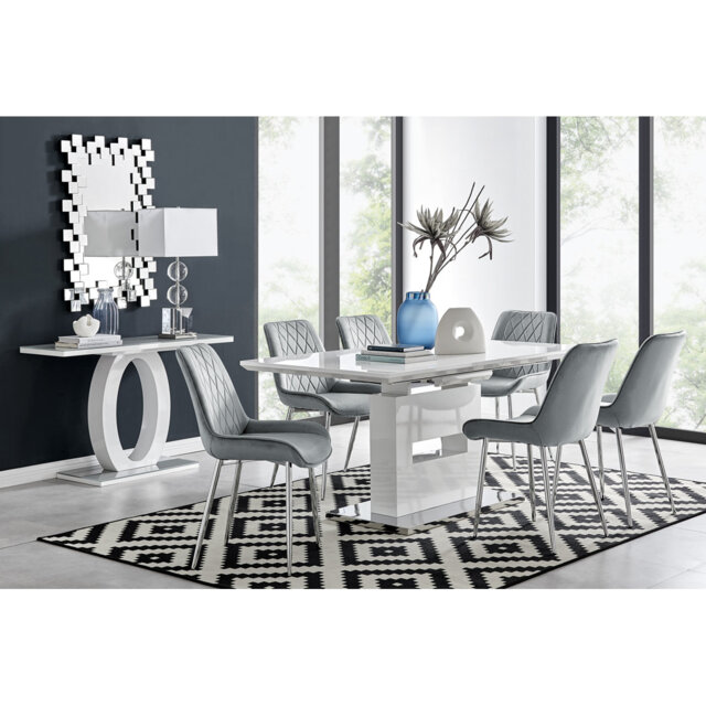 Alezzo Modern High Gloss Extendable Dining Table Set with 6 Luxury Velvet Dining Chairs
