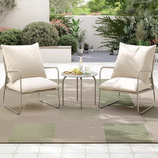 3-Piece Garden Conversation Set,Breathable Woven PE Rattan Chairs with Washable Cushions & Round Metal Coffee Table