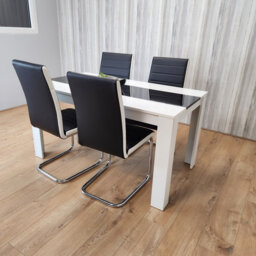 Dining Table And 4 Faux Leather Black White Padded Chairs High Gloss Wood Dining Kitchen Set Of 4