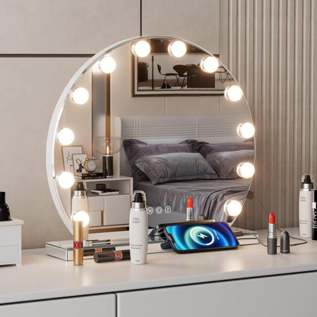 Makeup Mirror with 3 Color Lights, Vanity mirror with 12 dimmable LED Bulb, Large Light Round Mirror