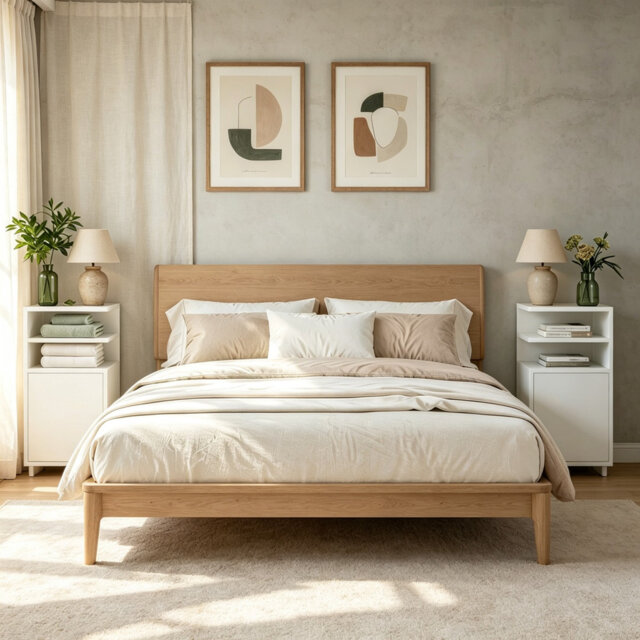 Slim Bedside Tables Set of 2 with Open Compartments and Cupboard, Narrow Nightstands for Bedroom and Living Room, Particle Board, 25 cm W x 30 cm D x