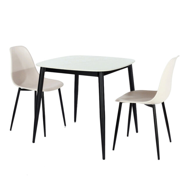 Aspen Gloss White Sintered Stone Square Table with 2 Curve Plastic Chairs - Modern Dining Set