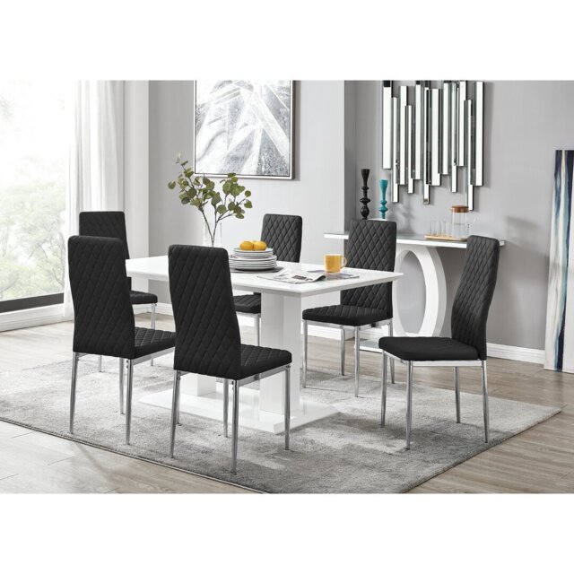 Edzard Double Pedestal High Gloss Dining Table Set with 6 Luxury Faux Leather Dining Chairs