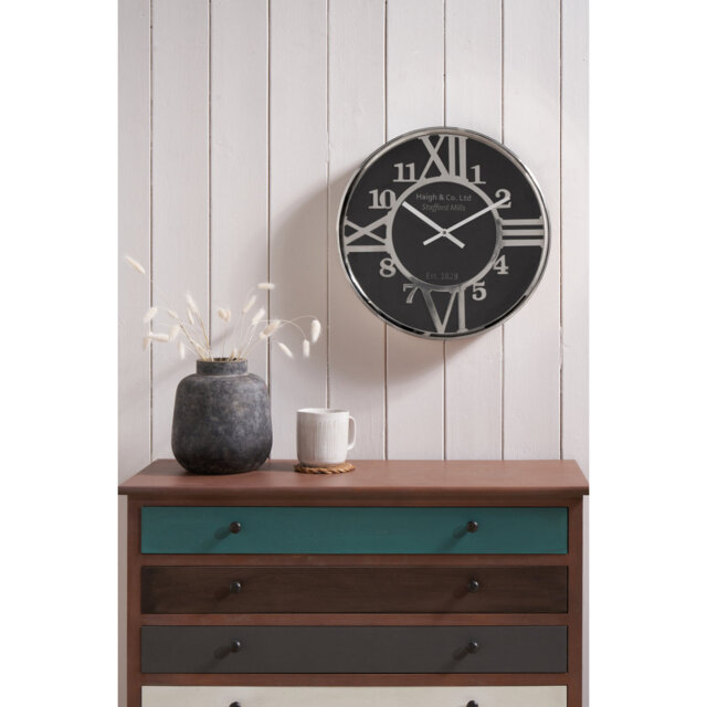 Silver Metal and Black Round Wall Clock