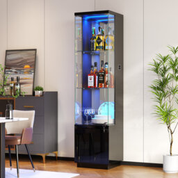 Glass Display Cabinet with 3 Color Led Lights, Wine Cabinet with Lock