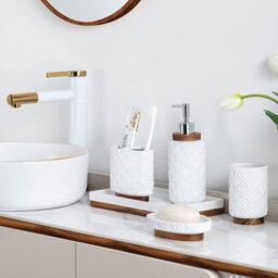 6-Piece White Bathroom Kit (Ceramic & Wood): Toothbrush Holder, Soap Dispenser, Trash Can, Tray, Tumbler, Soap Dish