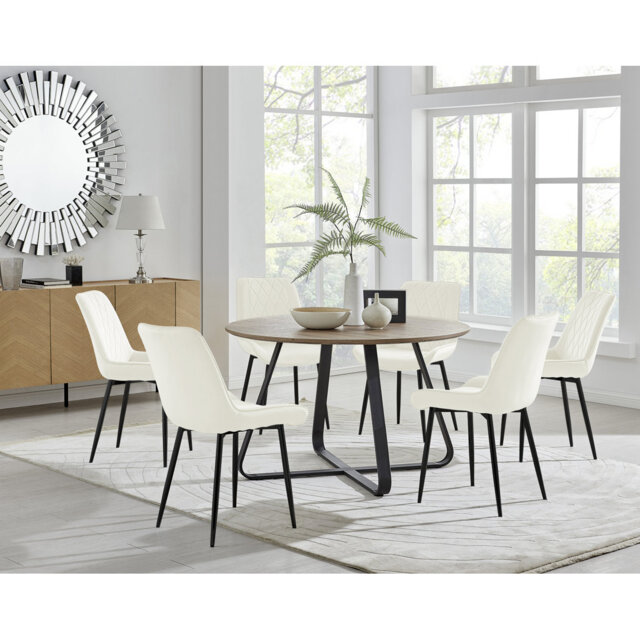 Sandy Classic Wood Effect & Metal Dining Table Set with 6 Luxury Velvet Dining Chairs