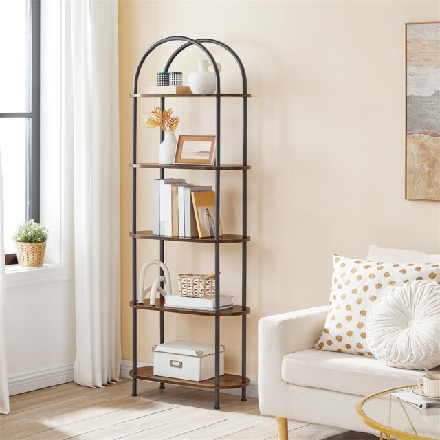 5-Tier Book Shelf, Bookcase With Steel Frame, Industrial Arched Standing Ladder Shelf, Tall Storage Organizer, Storage Shelves For Living Room, Office