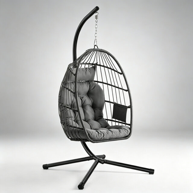 Grey Outdoor Hanging Egg Chair, Foldable Swing Chair with Height Adjustable, Removable Basket, Soft Cushion & Side Pocket for Garden Balcony Living Ro