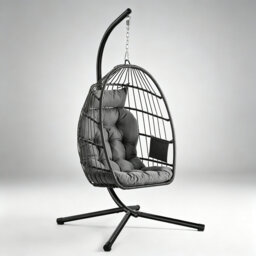 Grey Outdoor Hanging Egg Chair, Foldable Swing Chair with Height Adjustable, Removable Basket, Soft Cushion & Side Pocket for Garden Balcony Living Ro