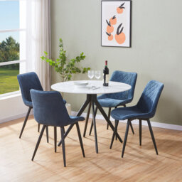 Aspen Sintered Stone Round Table with 4 Diamond Stitch Upholstered Fabric Chairs - Modern Dining Set