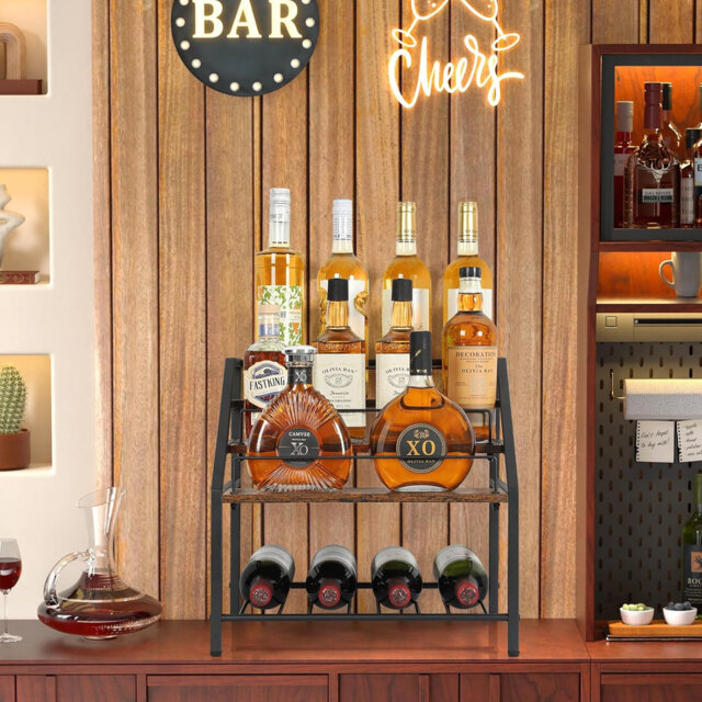 3-Tier Wine Rack Countertop For Home Bar,Kitchen And Dining,Brown And Black