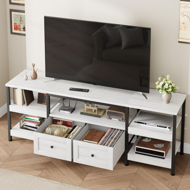 63in Industrial TV Stand with 2 Drawers - Rustic Media Console for TVs Up to 75 Inches, Open Metal Frame Multi-Layer Storage Cabinet Compact Modern TV