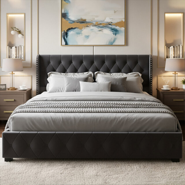 EU Double & King (140/160X200cm) Luxury Velvet Hydraulic Ottoman Bed, Storage Frame With Wingback Button Tufted Headboard, Dark Grey