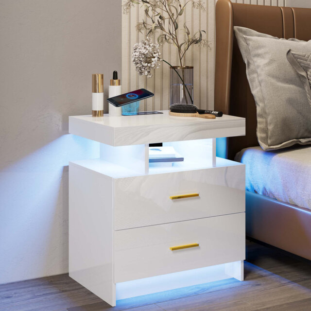Bookhart Manufactured Wood Bedside Table with Wireless Charging Station and Human Sensor Light