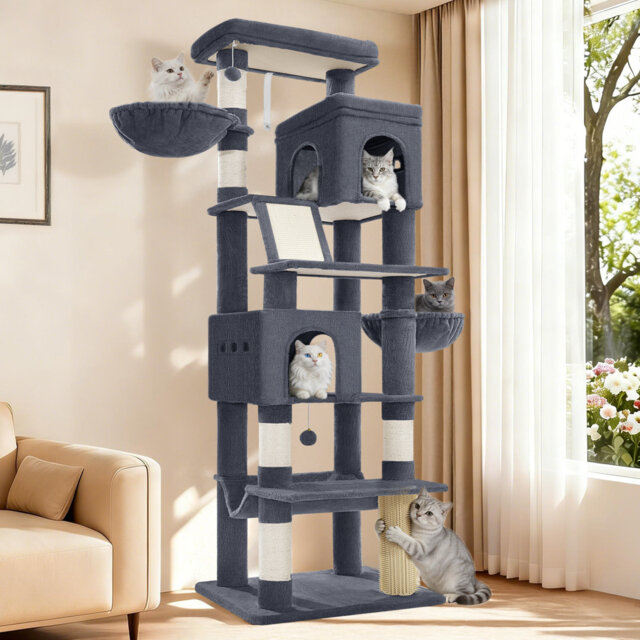 190cm/213cm Large Cat Tree Tower, Cat Tree for Indoor Cats, Climbing Tower for Large Cats, 5 Scratching Post, 2 Large Platform, 2 Caves, 2 Baskets, St