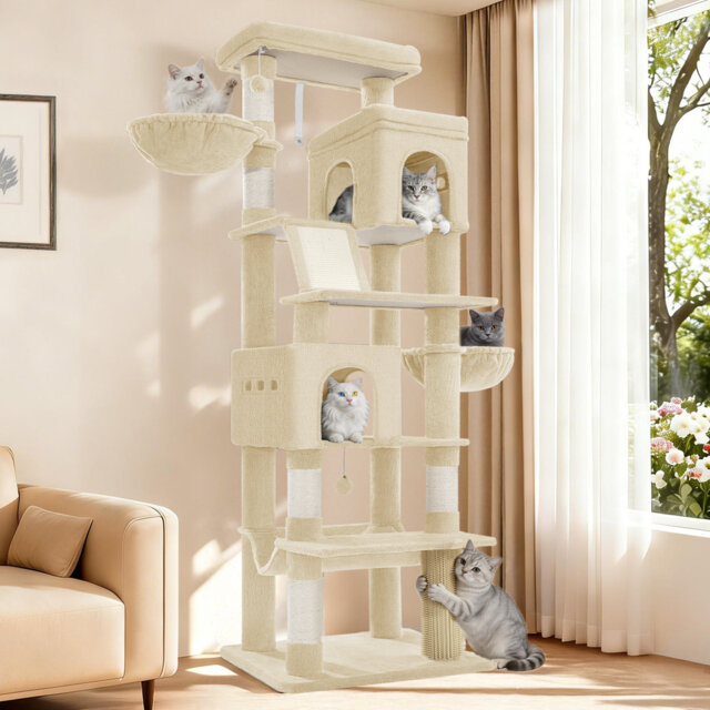 Large Cat Tree Tower, Cat Tree for Indoor Cats, Climbing Tower for Large Cats, 5 Scratching Post, 2 Large Platform, 2 Caves, 2 Baskets, Stairs, Hammoc