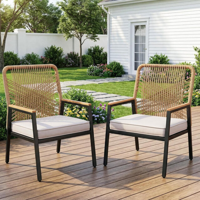 01-0325 Iron and rattan outdoor chair (2 pieces) - dark gray rattan + dark gray mat