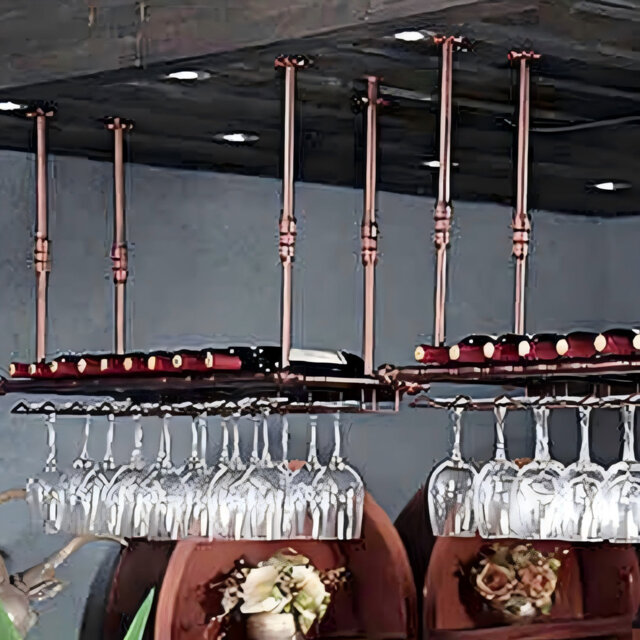 Hanging Wine Glass & Bottle Rack, Vintage Style, Black 120Cm X 30Cm