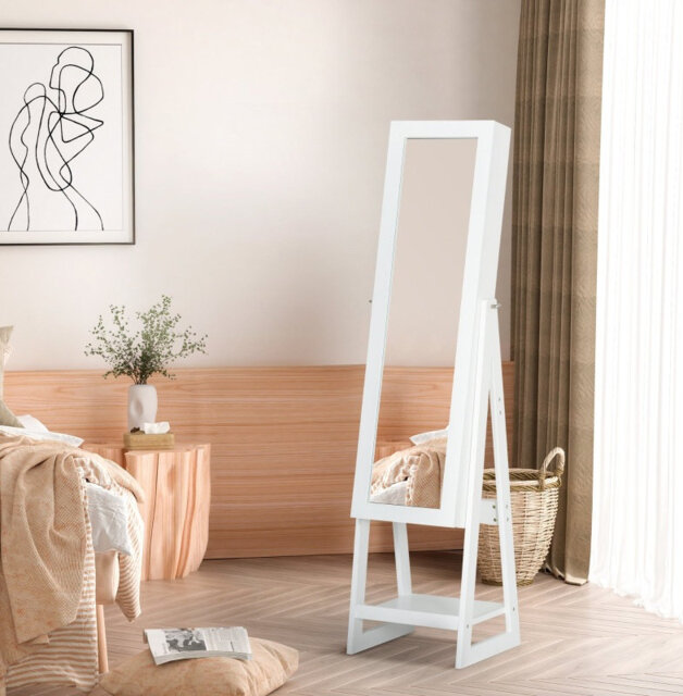 White Full-Length Mirror Jewelry Armoire, Freestanding Makeup Mirror Cabinet with LED Lights, Built-in Storage Drawers, Hooks and Shelves, Multipurpos
