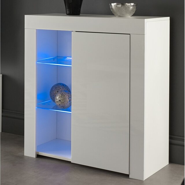 Suzana White High Gloss Sideboard with RGB LED Lights – 1 Door Storage Cabinet with 2 Glass Display Shelves (75cm Wide)