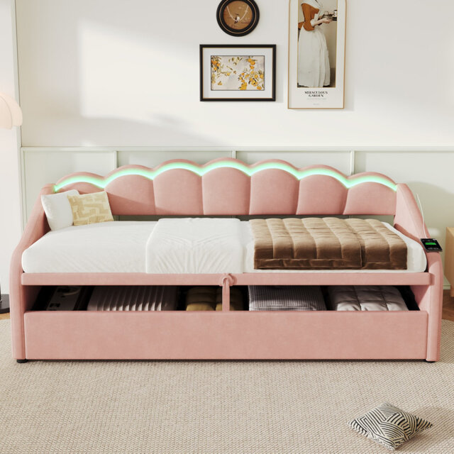 Daybed Sofa Bed with Hydraulic Storage with LED Lighting Velvet Upholstery 3FT Single Bed 90x190cm for Living Room Bedroom Study Room