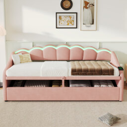 Daybed Sofa Bed with Hydraulic Storage with LED Lighting Velvet Upholstery 3FT Single Bed 90x190cm for Living Room Bedroom Study Room