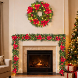 Christmas Wreath & Garland Set – Artificial Pine Needles, Red Flowers, Pinecones & Frosted Sections – Battery Operated – Holiday Decor for Front Door,