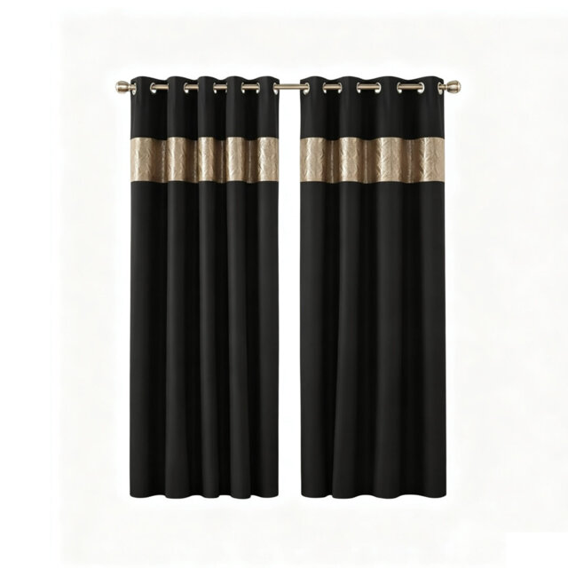 Black Gold Eyelet Curtains Pair 167 x 182 cm Thermal Room Darkening Polyester Drapes