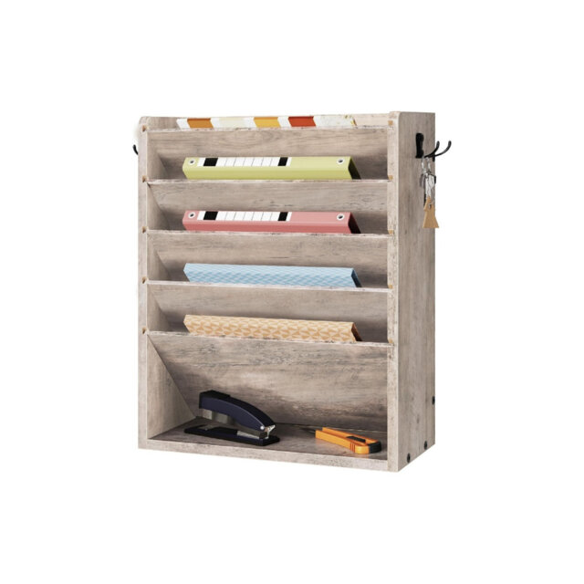 6-Tier Vertical Mount Hanging Holder with 2 Side Hooks, Modern Wooden Magazine Storage Holder