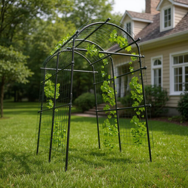 Metal Garden Arch Trellis for Climbing Plants, Rust-Resistant PE-Coated Frame with Nylon Net, Adjustable Width 90-115 cm, 115 x 183 x 230 cm