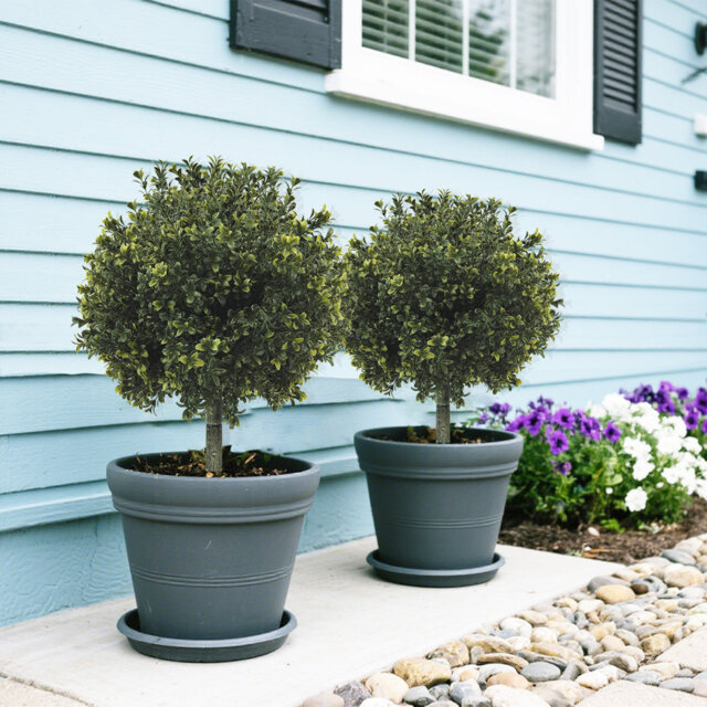"29 Inch (75 cm) Artificial Boxwood Ball Topiary Tree Set of 2 – Spherical Faux Evergreen with 8""(20 cm) Ground Spikes for Porch Patio Garden Planters"