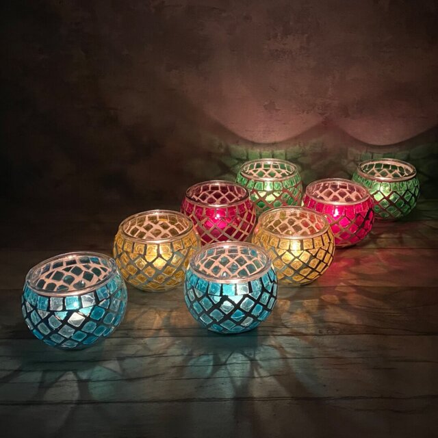 8 Piece Glass Tabletop Tealight Holder Set with Candle Included