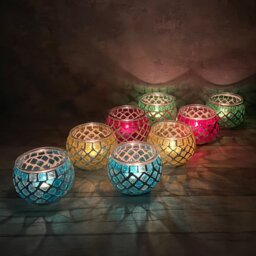 8 Piece Glass Tabletop Tealight Holder Set with Candle Included