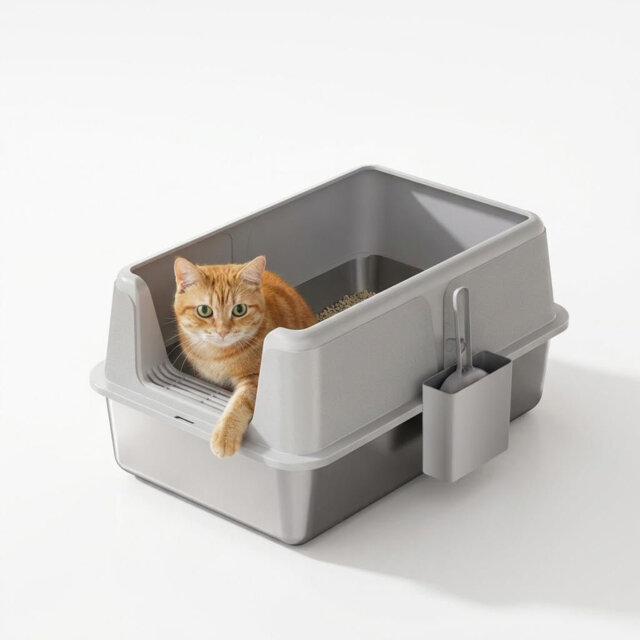 "Splash-Proof & Leak-Proof Stainless Steel Litter Box, 24"" x 16"" x 14"" Side Opening Cat Litter Box with Lid - Non-Stick, Durable Metal Litter Box Inclu"